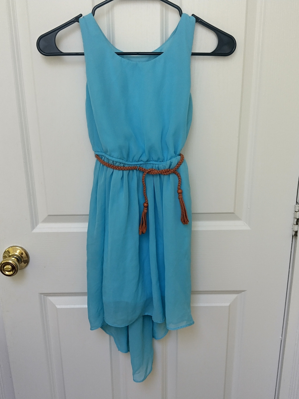 Iz Byer Aqua Blue Chiffon High-Low Dress with Braided Belt